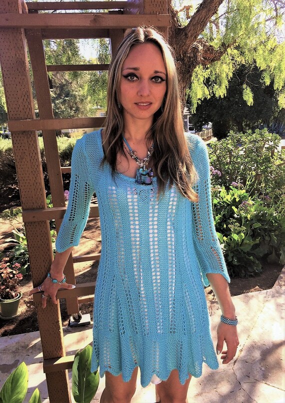Turquoise Knit Dress, Hand Knit Dress, Light Blue Kni… Gem