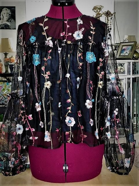 Sheer Black Top Embroidered Top Floral Embroidery See Through
