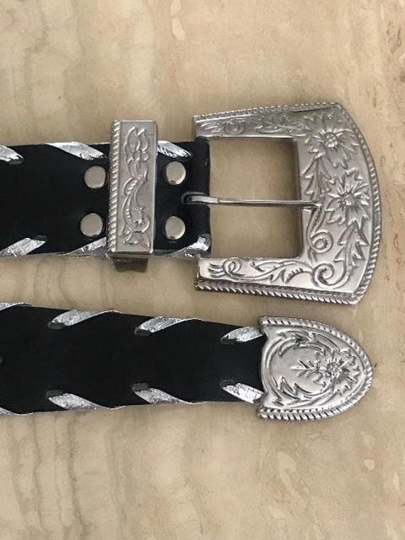 Black Leather Belt: Silver Buckle & Woven Detail, 40 Inch - Etsy display picture 3