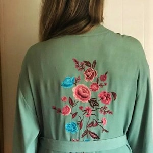 Embroidered Robe Sage Green Robe Women&#39;s Medium Robe  Robe with Pockets Pink Floral Embroidery Robe with Belt