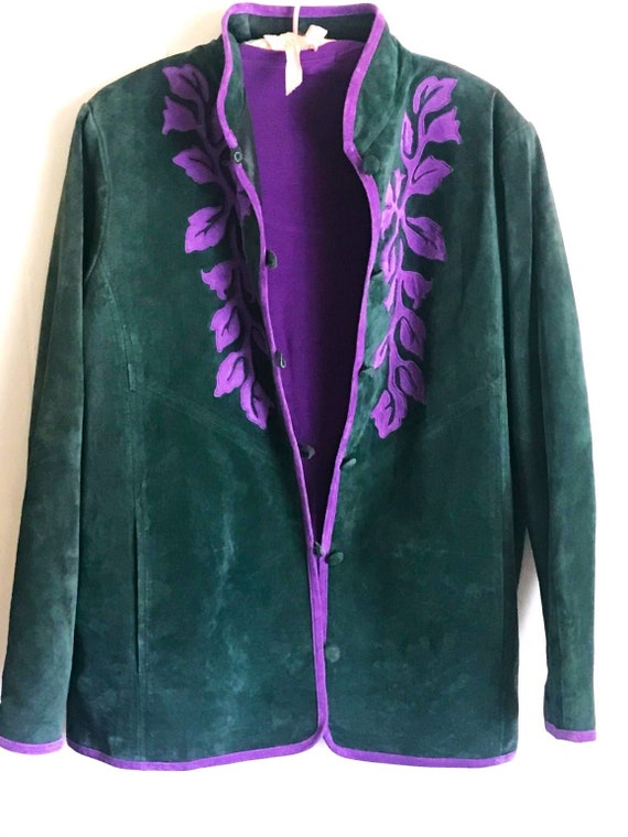 Louis Dell'Olio, Green Suede Jacket, Purple Leaf … - image 1