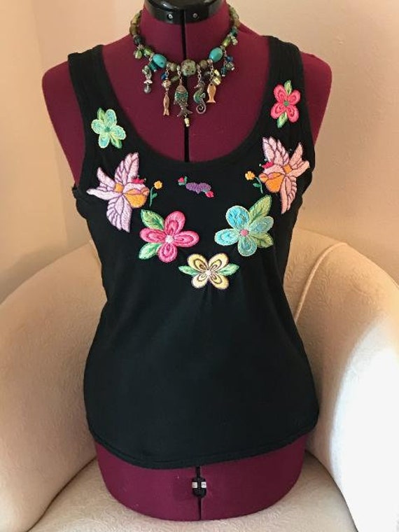 Black Tank Top, Embroidered Top, Embroidered Tank Top, Floral Tank Top,  Great Embroidery, Small Tank Top, Black T-shirt, 
