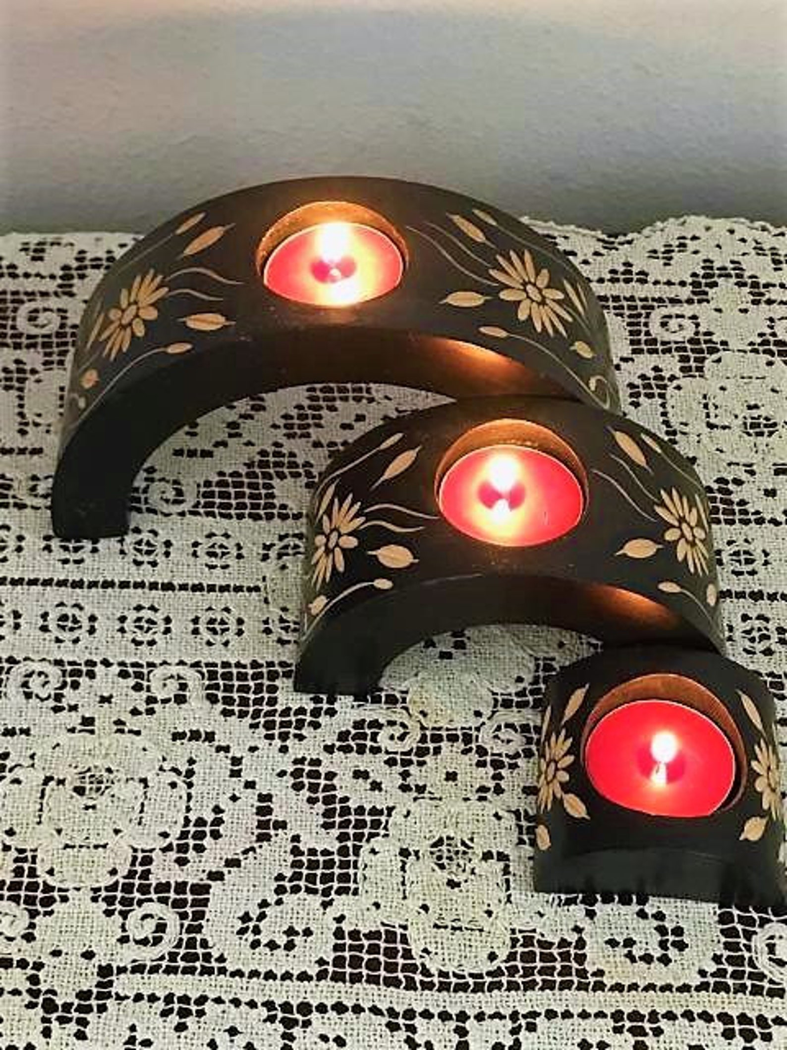 3 Piece Candles, Edelweiss Candleholders, Wooden Candles, Holiday