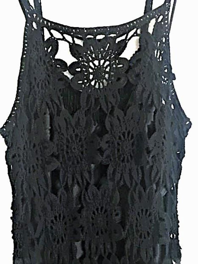 Free People Black Crochet Dress with Matching Black Slip Size: Medium image 3