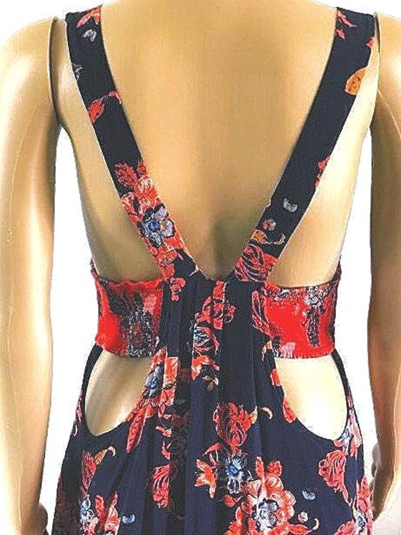 Free People Navy Blue and Orange Open Back Summer Dress - Size Medium image 9