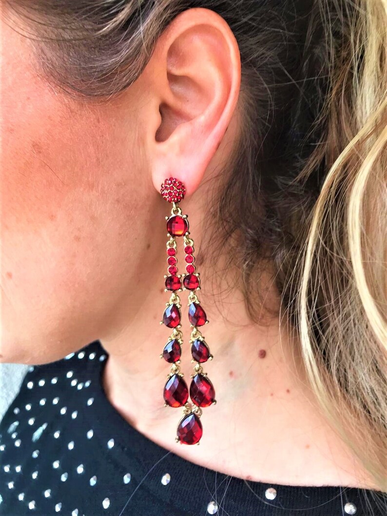 Dangle Earrings, Red Drop Earrings,, 4 Inch Earrings, Ruby Red Earrings, Super Long Earrings, Gift for Her image 1