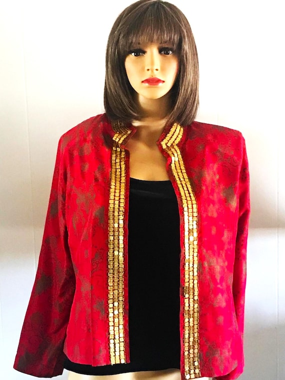 Vintage Chico Jacket, Red Silk Jacket, Gold Sequin