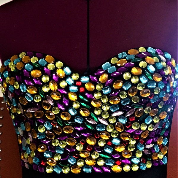 Jeweled Bustier, Colorful Bustier, Sparkling Bustier, Strapless Bustier,  Multi Color Rhinestones, Jewel Toned Bustier, Party Top