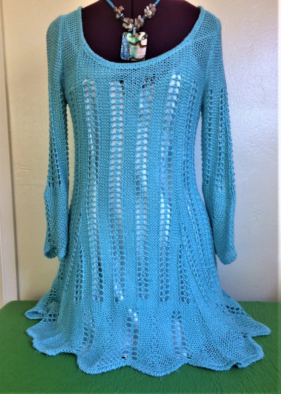 Turquoise Knit Dress, Hand Knit Dress, Light Blue… - image 2