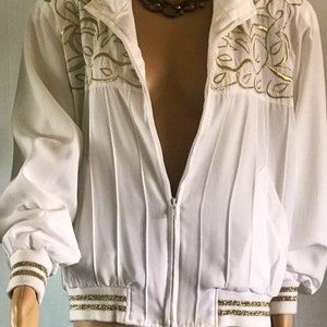 Summer Jacket Embroidered Jacket Gold Embroidered White Summer Jacket for Palm Springs 80&#39;s Style Jacket with Shoulder Pads Unique Clothing