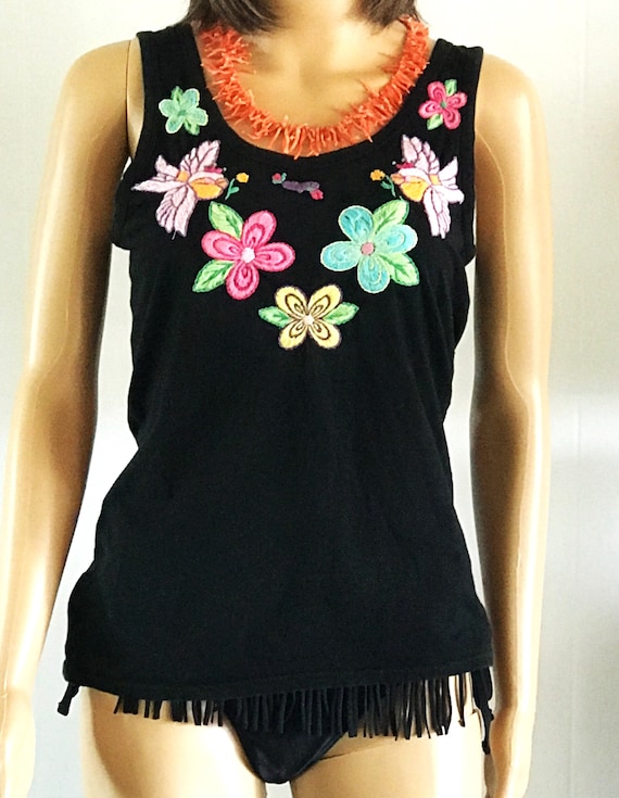 Black Tank Top, Embroidered Top, Embroidered Tank 