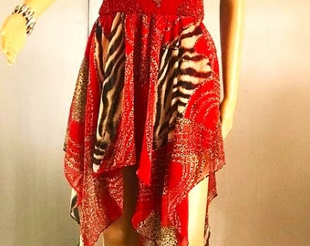 Assymetric Dress, Assymetric Skirt, Summer Beach Wear, Casual Womens Wear, Animal Print N Red,