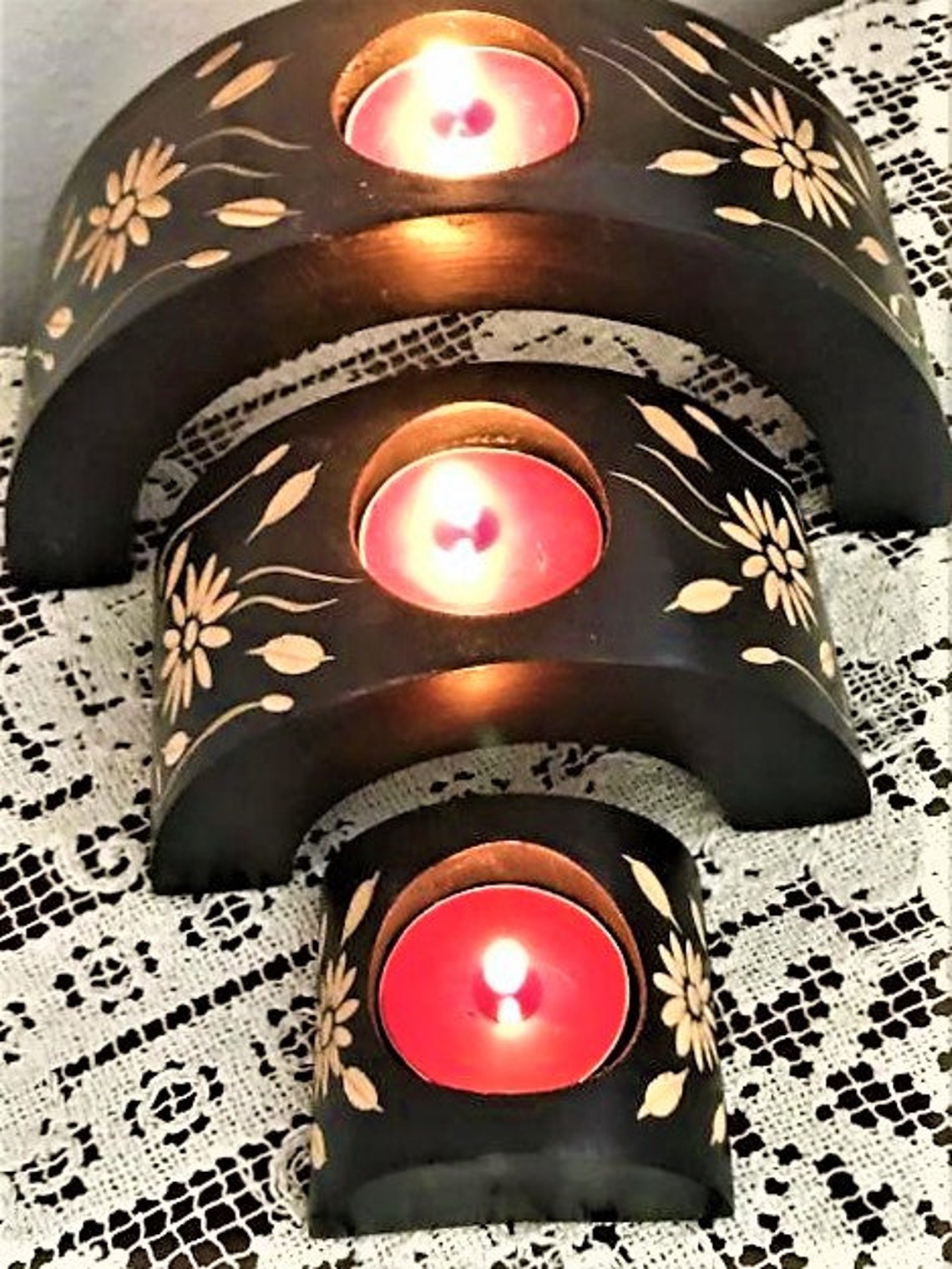 3 Piece Candles Edelweiss Candleholders Wooden Candles Etsy