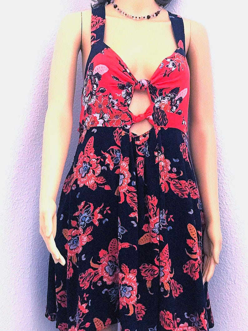 Free People Navy Blue and Orange Open Back Summer Dress - Size Medium image 10