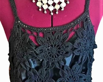 Free People Black Crochet Dress with Matching Black Slip  Size: Medium