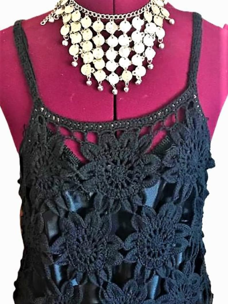 Free People Black Crochet Dress with Matching Black Slip Size: Medium image 1