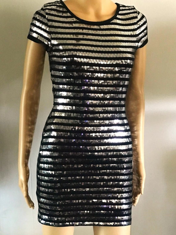 Silver Sequins Dress, Silver Striped Dress, Black 