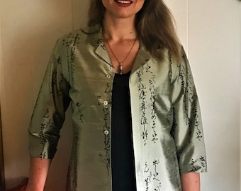 Chico's Oriental Silk Shirt with Asian Symbols Unusual Size Medium