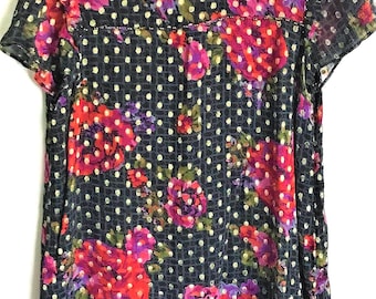 Anthropologie Sheer Black Beaded Blouse: Gold Accented Top with Red Roses Size Medium