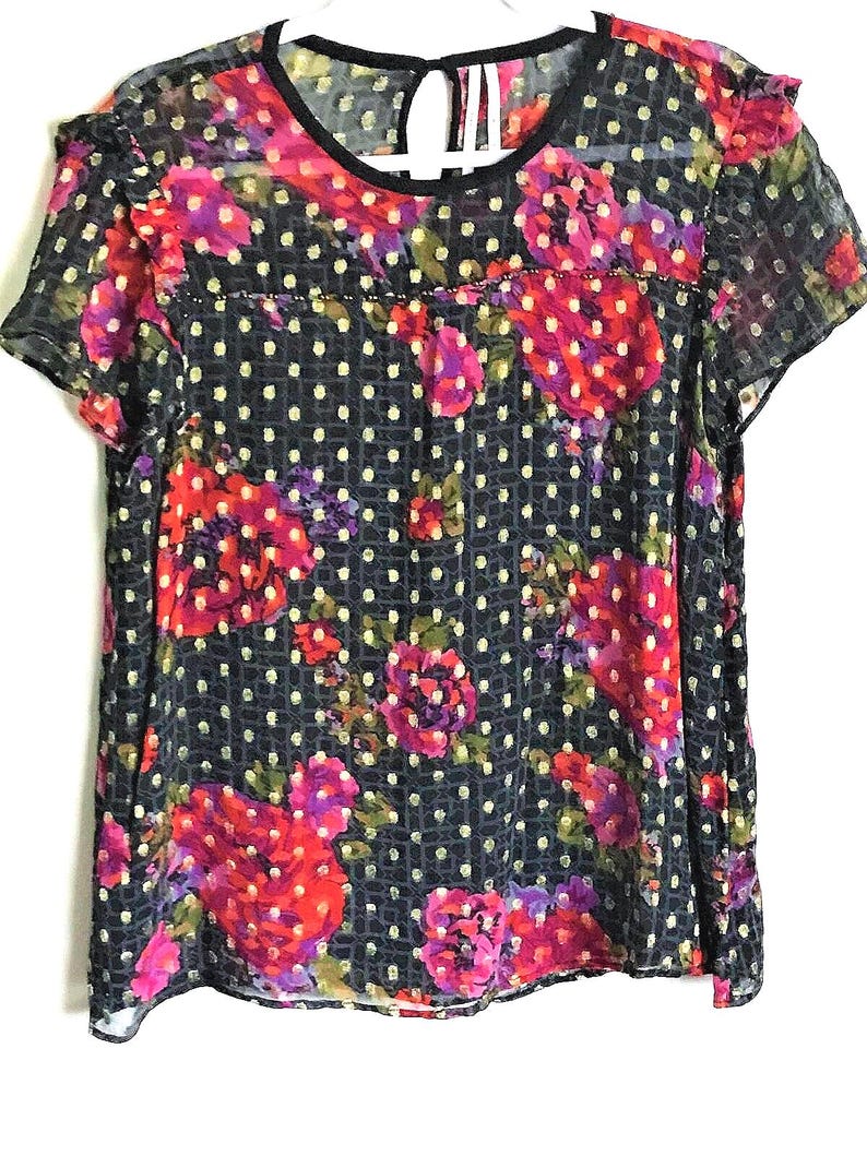 Anthropologie Sheer Black Beaded Blouse: Gold Accented Top with Red Roses Size Medium zdjęcie 1