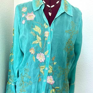 Johnny Was Sheer Aquamarine Embroidered Blouse Long Sleeves Size: Small or Medium image 3