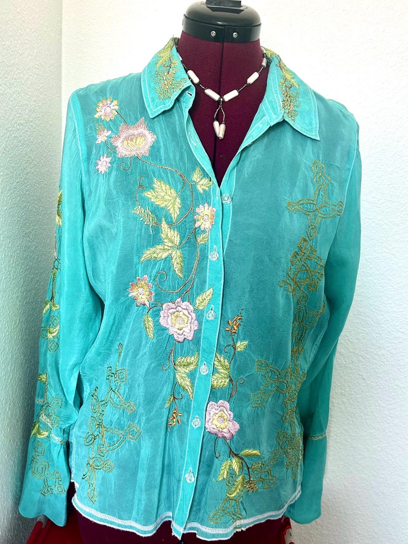 Johnny Was Sheer Aquamarine Embroidered Blouse Long Sleeves Size: Small or Medium image 3