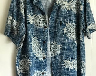 Vintage Hawaiian Shirt: Blue & White Tropical Print, XL Cotton
