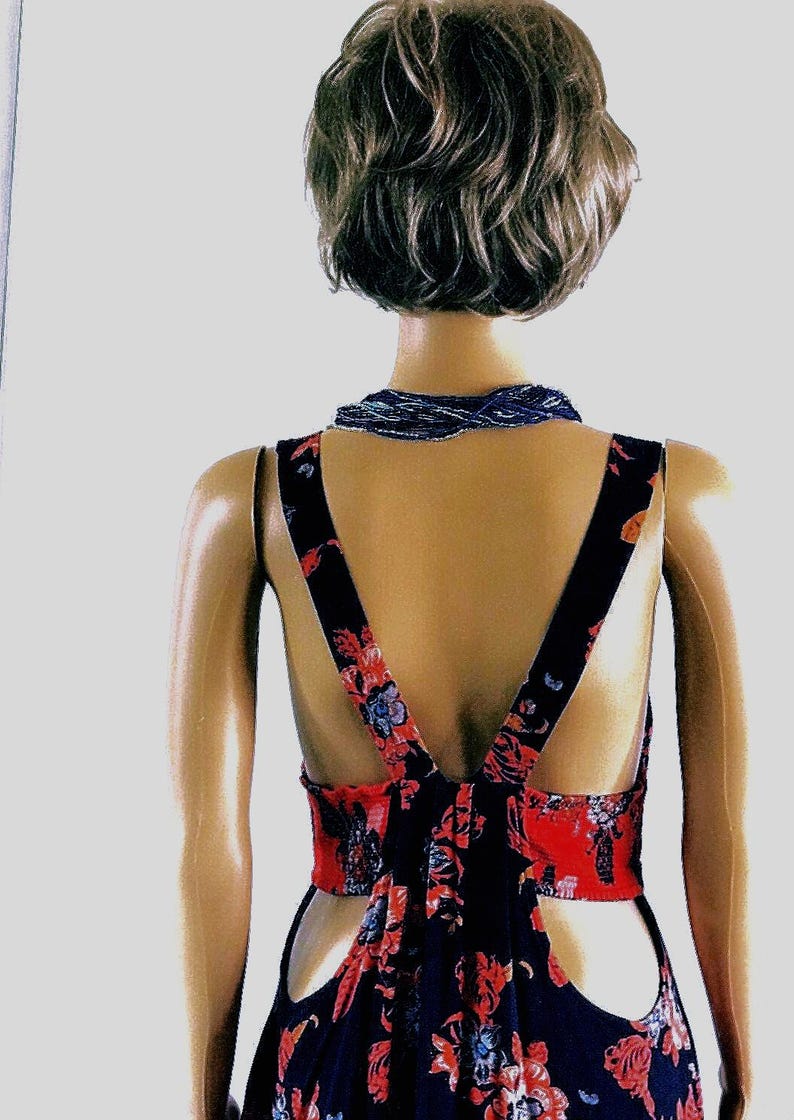 Free People Navy Blue and Orange Open Back Summer Dress - Size Medium image 2