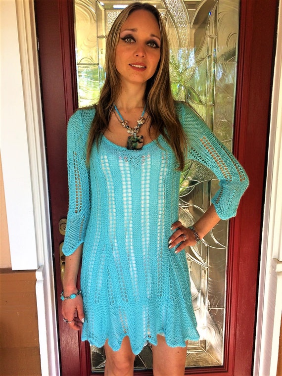 Turquoise Knit Dress, Hand Knit Dress, Light Blue… - image 1