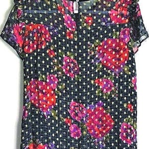 Anthropologie Sheer Black Beaded Blouse: Gold Accented Top with Red Roses Size Medium zdjęcie 7