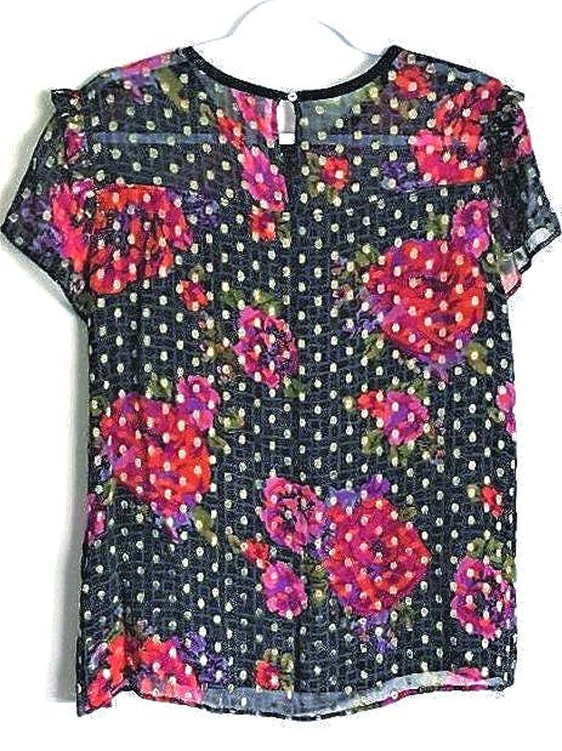 Anthropologie Sheer Black Beaded Blouse: Gold Accented Top with Red Roses Size Medium zdjęcie 7