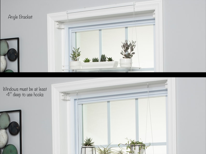 May include: White window with a hanging plant shelf. The shelf is suspended from the top of the window frame with two white cords. The shelf is made of clear acrylic and has two tiers. The shelf is holding several small potted plants. The text "Windows must be at least 4" deep to use hooks" is visible in the image.