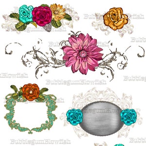 Florals rosas y remolinos ornamentados marcos vintage Digital Graphic Design Elements