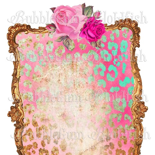 Cheetah Leopard Print Turquoise Ornate Vintage Pink Rose Frame | Etsy