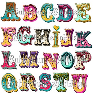 CiRcUs CaRniVal alfabeto colorido e funky Letras nova colagem de arquivo único folha PNG "letras NÃO são separadas"