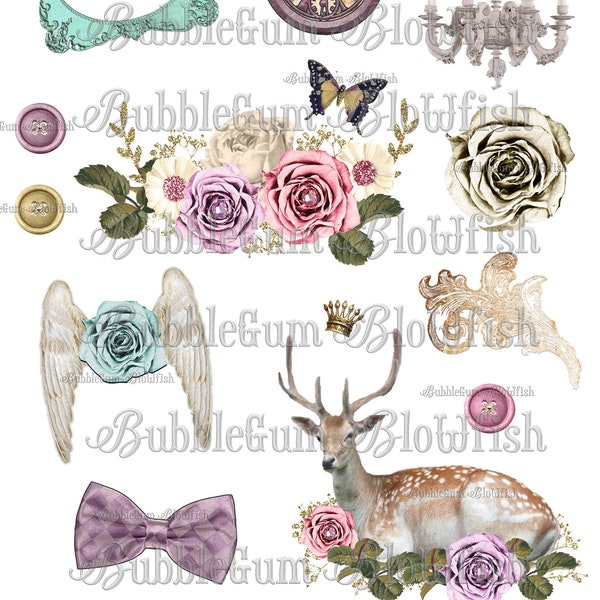 Oh DeEr PaSteL Romantic  RoSes   mixed media collage sheet of digital clipart not a physical item not individually separated