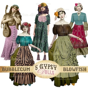 Gypsy Dolls Set #1 Gypsy clipart Muñecas de papel gitanas Junk Journal Diy 5 descargas de archivos png individuales