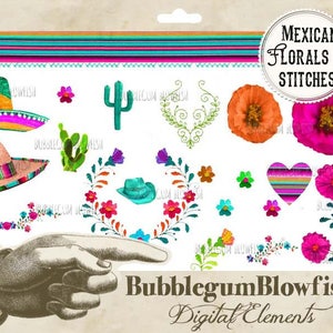 Folklore mexicano Magníficos florales y puntadas sarapes sombreros botas Elementos de diseño gráfico digital