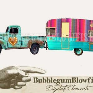 Rusty turquesa piCkUp TrUcK con serape de tráiler Shasta impresión digital Graphic Design Elements clipart