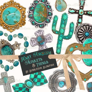 Ensemble de cliparts numériques bijoux turquoise et bibelots originaux sur 2 feuilles de collage Png individuelles, échantillons de photos bijoux NON séparés individuellement