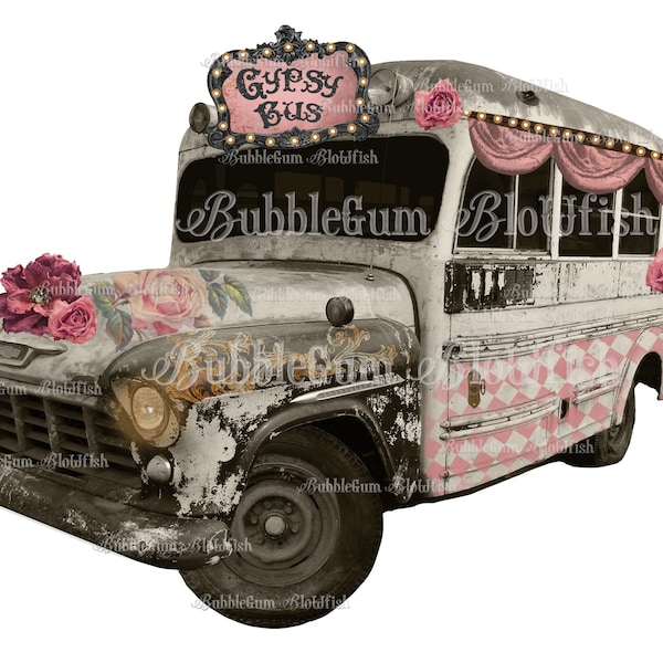 Gypsy wagon Gypsy bus black & white with pink whimsical gypsy bus  individual PNG file digital clipart download