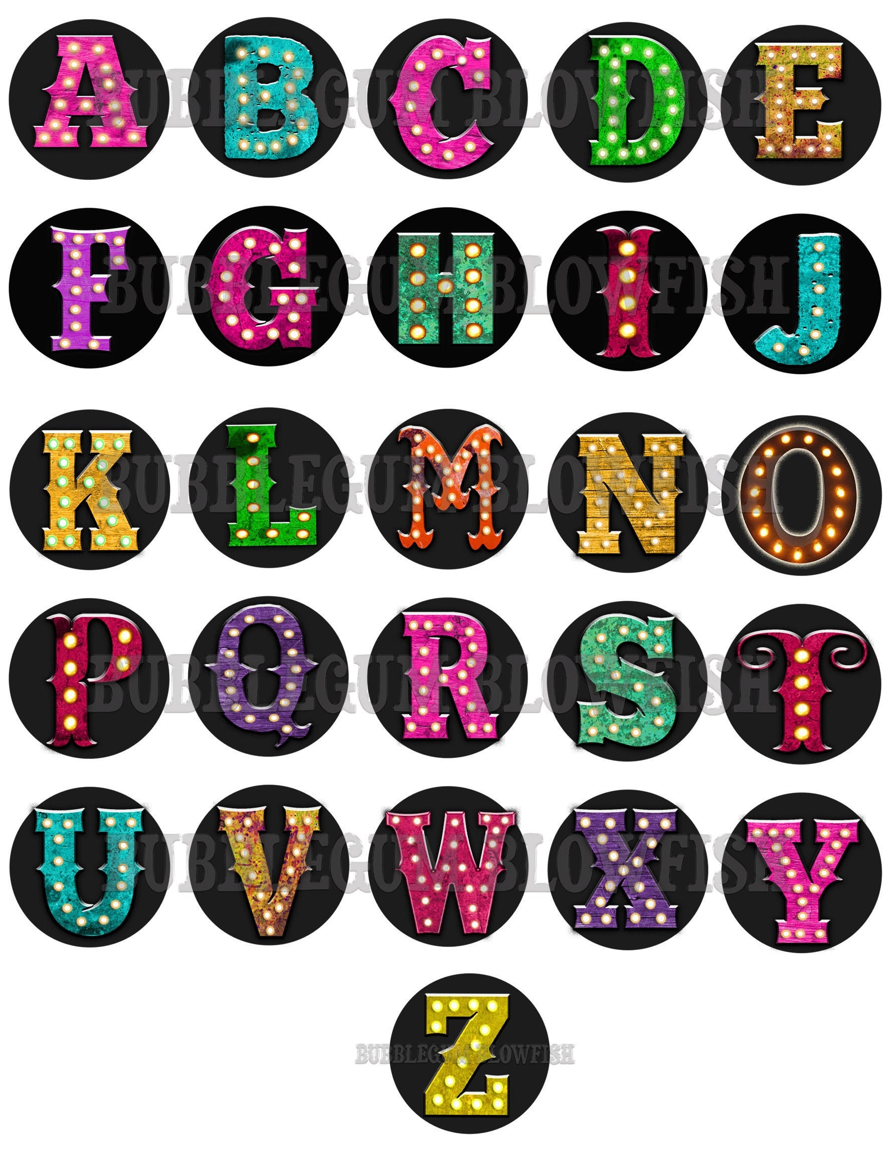 Colorful Funky Marquee Light Alphabet Letters SINGLE File PNG