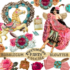 May include: A digital collage of whimsical images, including a carousel horse, a woman in a pink dress, roses, a butterfly, and a bottle of perfume. The text "BUBBLEGUM PETTICOAT PARTY PACKAGE BLOWFISH" is displayed at the bottom of the image.