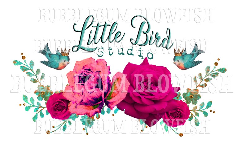 Adorable shabby chic kitsch crowned bird and rose boutique style OOAK LOGO DESIGN with and without Sun ray file