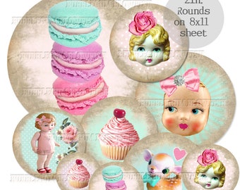 Sweet stuff dolls cupcakes macarons  Cabochon Jewelry Art Digital Collage Sheet 2 in. rounds on 8x11 sheet