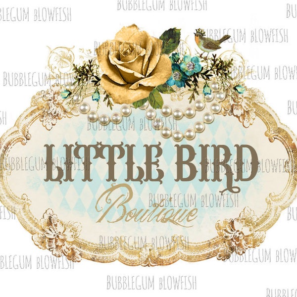 Gorgeous yellow vintage Rose harlequin Cottage chic crowned bird Logo Design can be used as website header