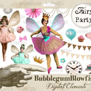 FaiRy PaRty vintage fairies butterflies hot air balloons jewels crowns   Digital Graphic Design Elements png collage sheet