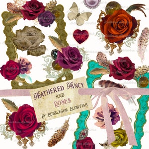 Conjunto de clipart digital Feathered Fancy & Roses em duas folhas de colagem PNG individuais NÃO separadas individualmente