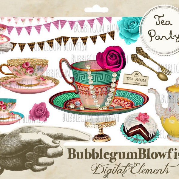 VinTagE Tea PaRtY tea cups tea kettles cake stands Digital Graphic Design Elements