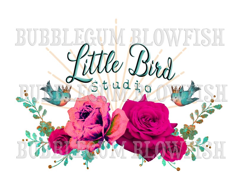 Adorable shabby chic kitsch crowned bird and rose boutique style OOAK LOGO DESIGN with and without Sun ray file